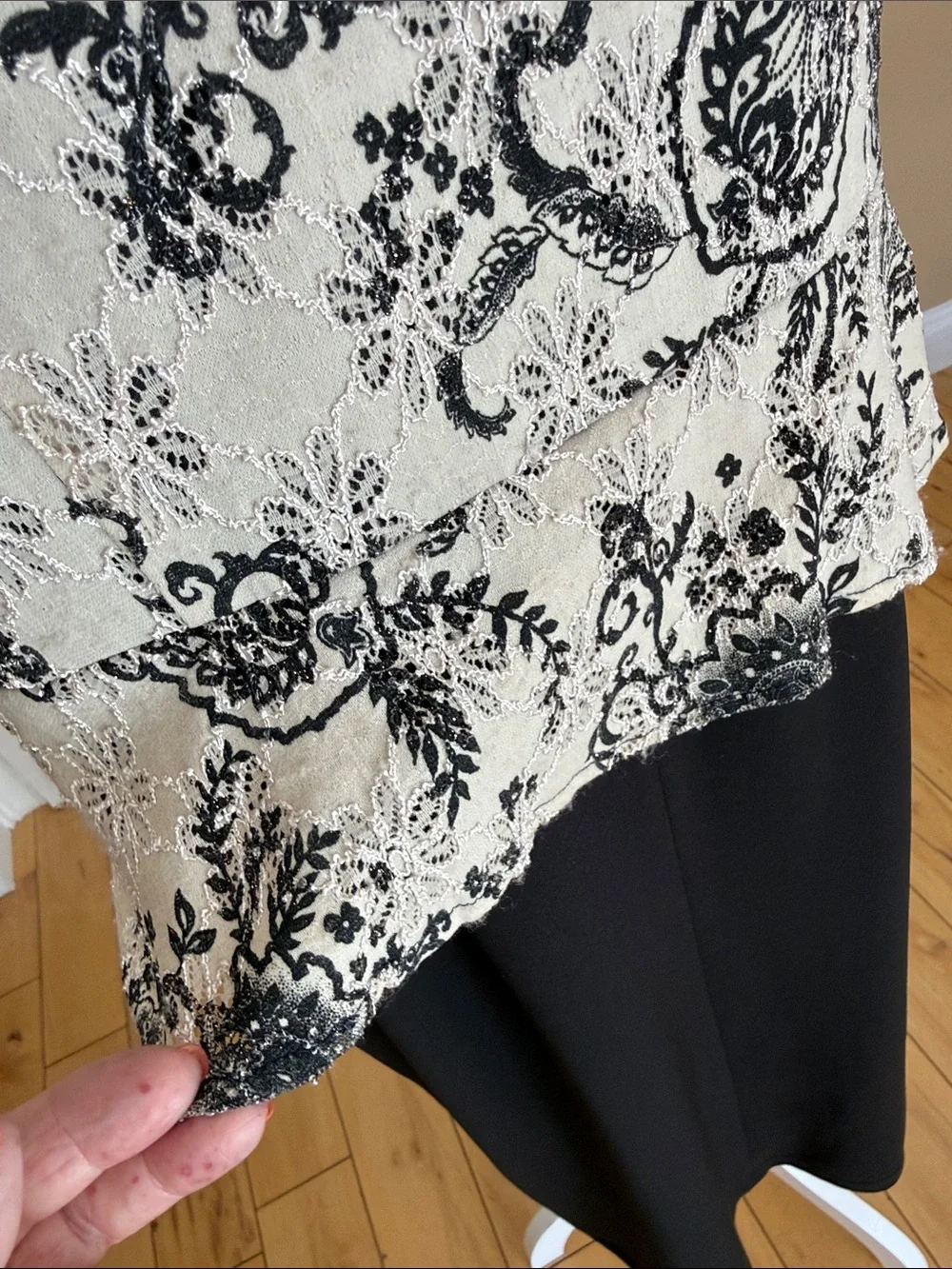 Black & Cream Lace Overlay Wrap Top dress. - Picture 6 of 12